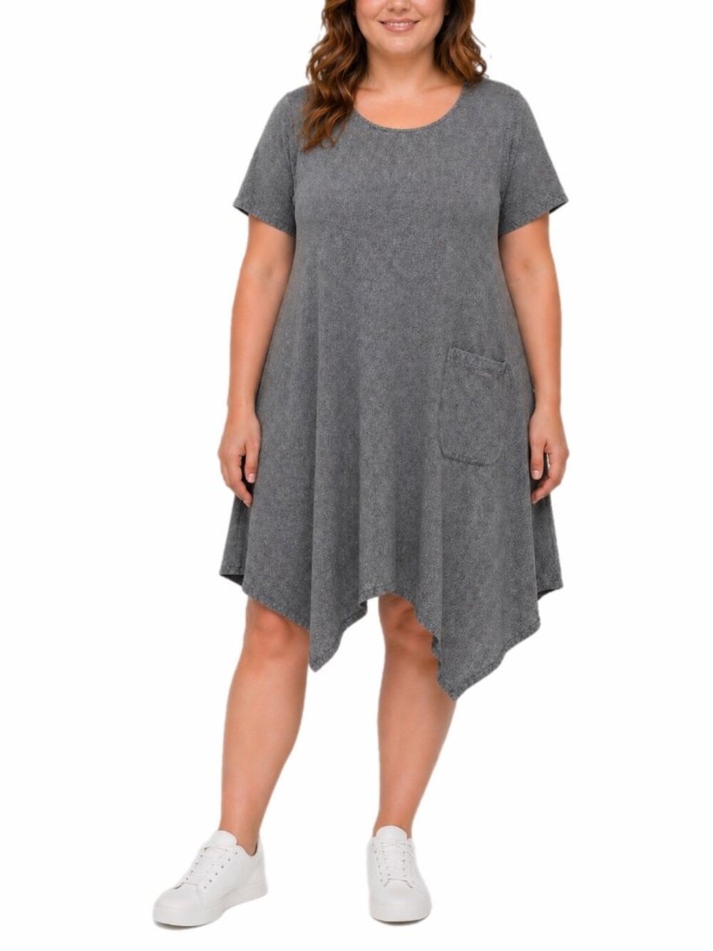 Comfy USA Dress Womens 1X Gray Gauze Loose Shark Bite Coastal Grandma Artsy Boho